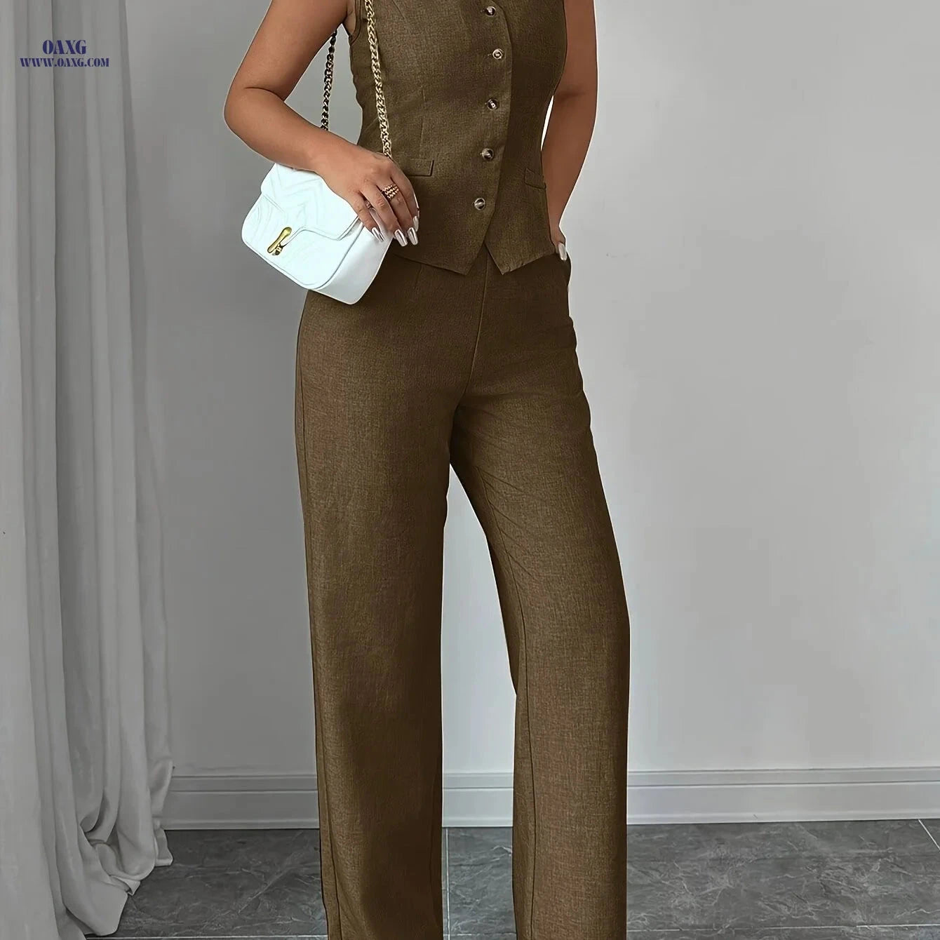 Women's Stylish Sleeveless V-Neck Vest & Straight-Leg Pants Set   OAXG Blue / S