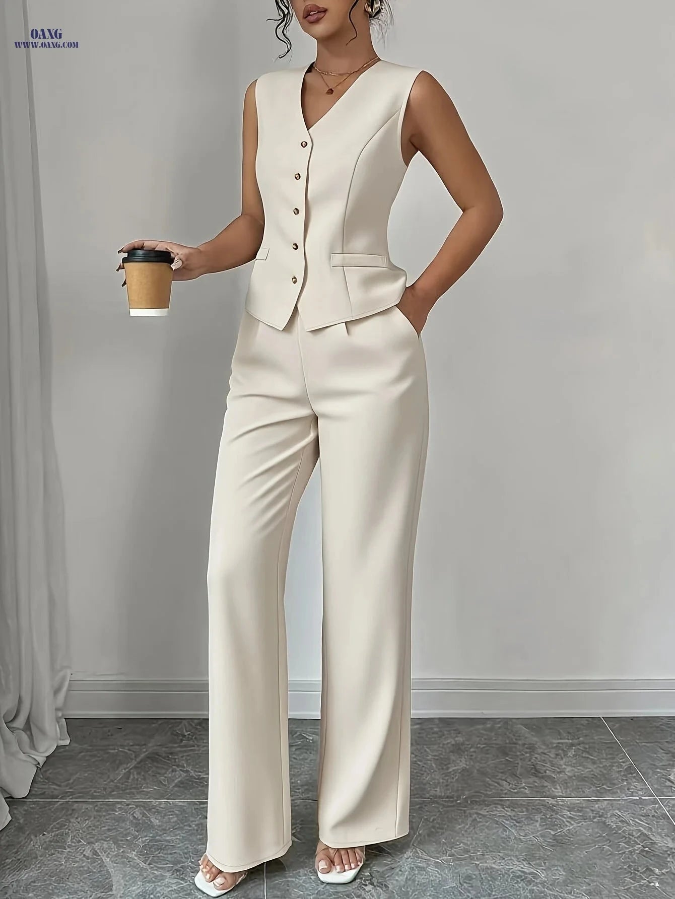 Women's Stylish Sleeveless V-Neck Vest & Straight-Leg Pants Set   OAXG 