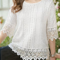 Women'S Stylish Textured Jacquard Lace Patchwork Three-Quarter Sleeve Top   OAXG White / S