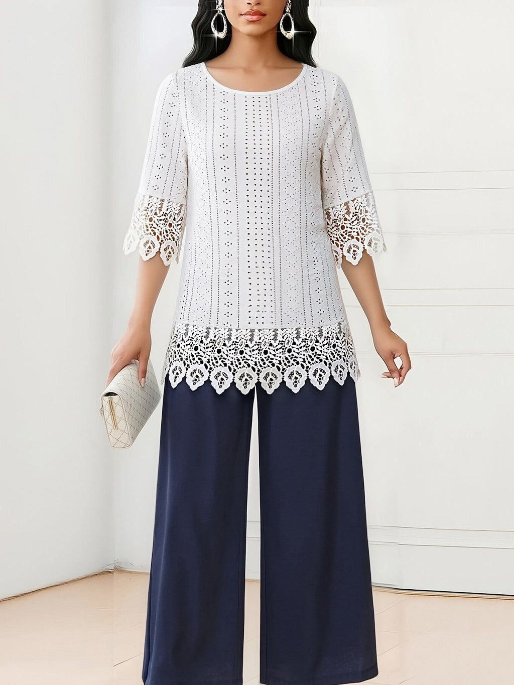 Women'S Stylish Textured Jacquard Lace Patchwork Three-Quarter Sleeve Top   OAXG White / S