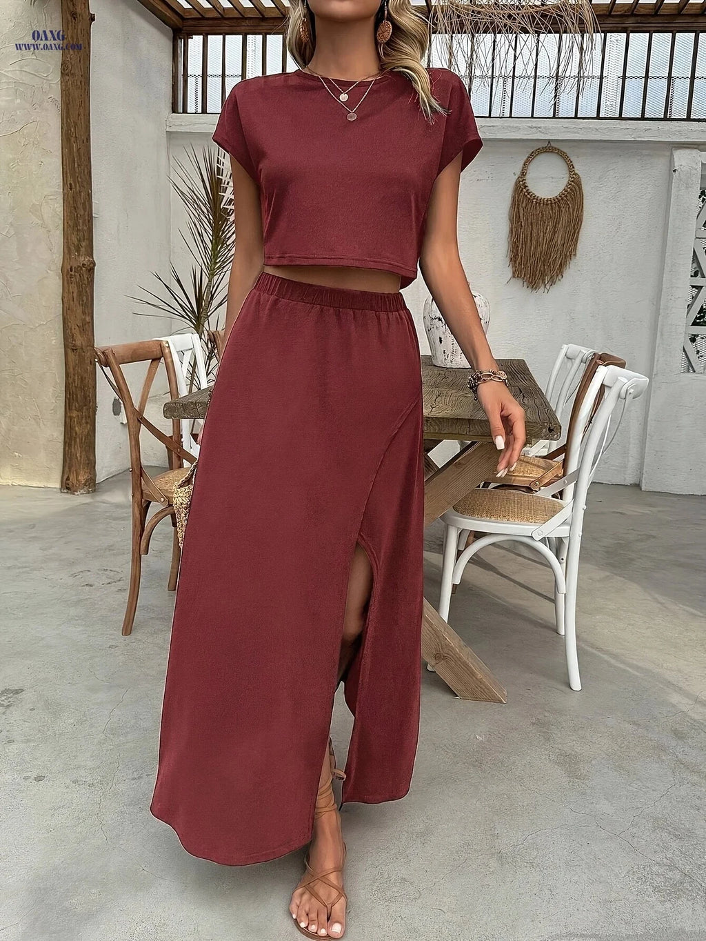 Women's Summer 2-Piece Set - Solid Round Neck Top & High-Thigh Skirt   OAXG Brick Red / S