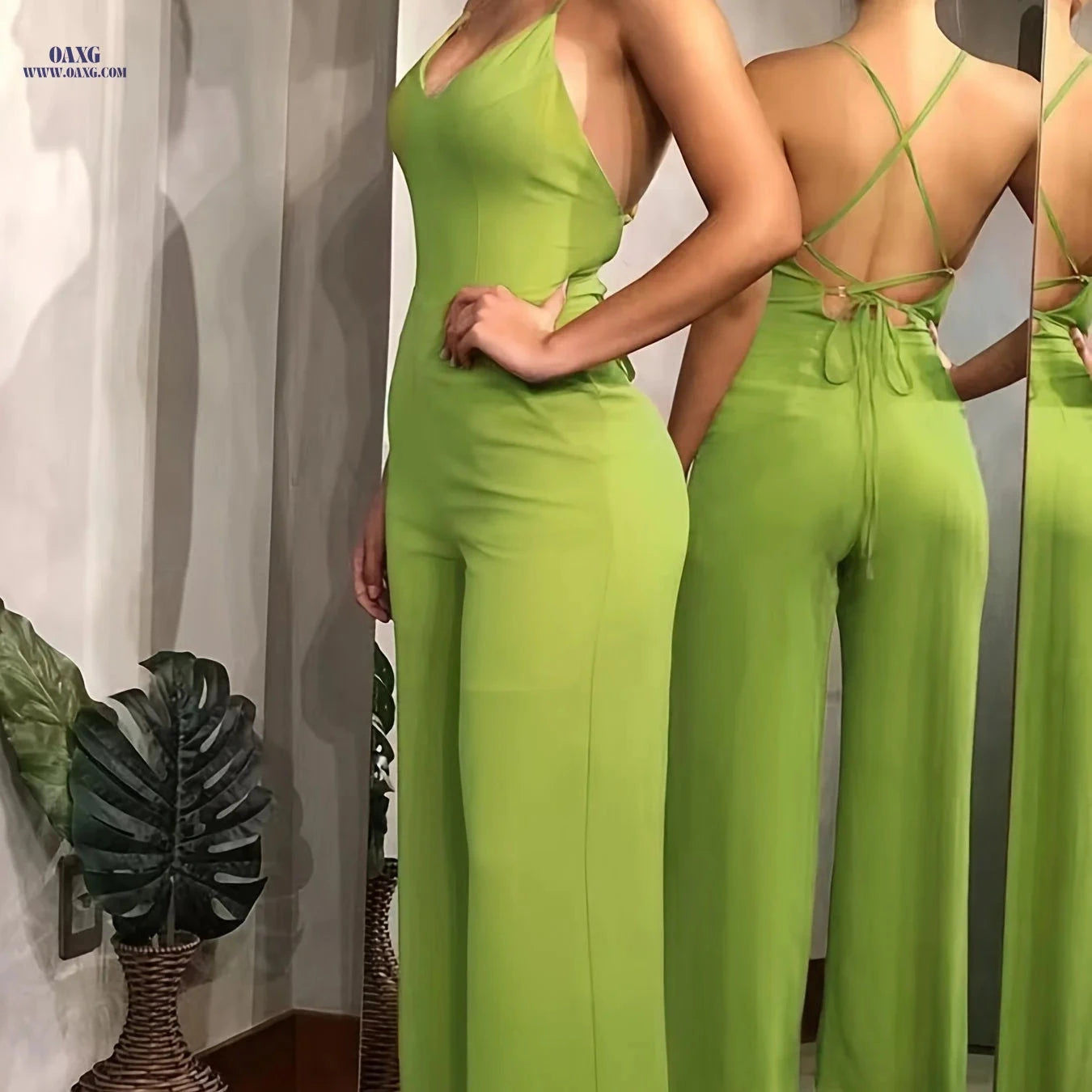 Women's Summer Backless Jumpsuit - Elegant Fitted Style for Outings   OAXG Coral / S