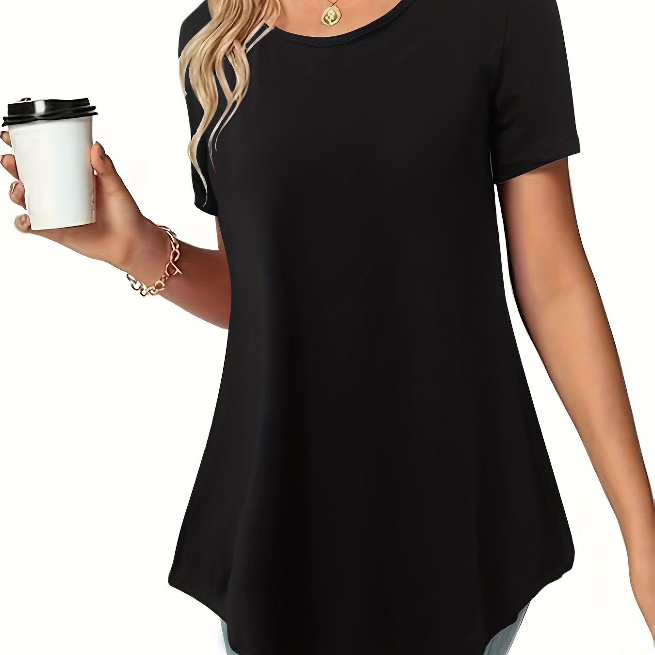 Women's Summer Casual Short-Sleeve Waist-Cinching Dress Shirt   OAXG Black / S