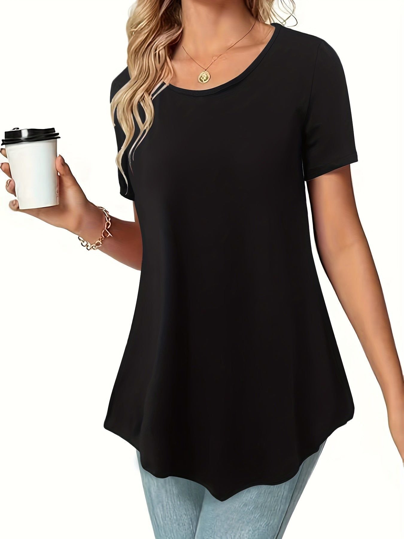 Women's Summer Casual Short-Sleeve Waist-Cinching Dress Shirt   OAXG Black / S