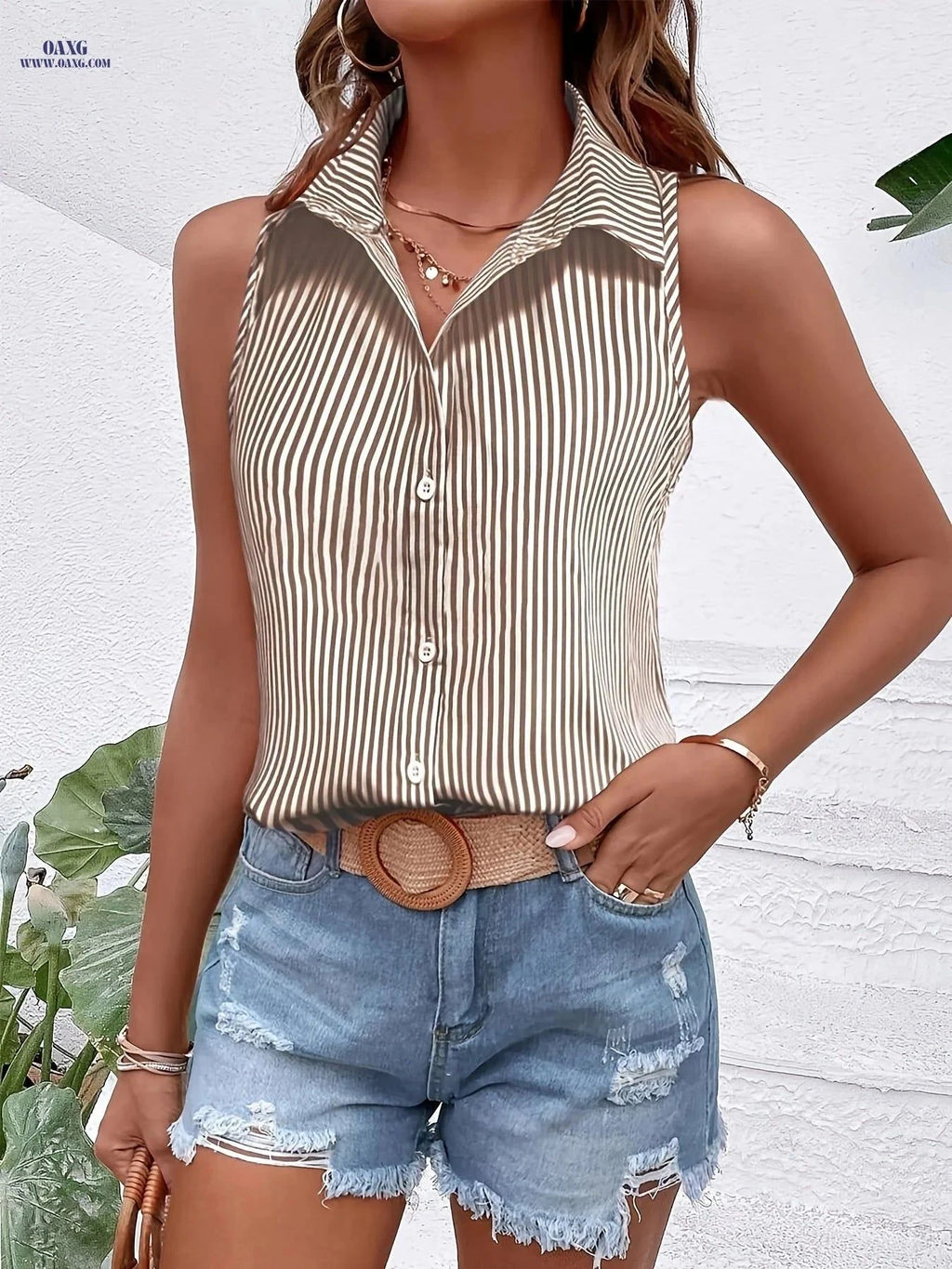 Women's Summer Casual Striped Shirt Set - 3pcs Loose Fit Sleeveless   OAXG Pink + Blue + Khaki / XS
