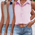 Women's Summer Casual Striped Shirt Set - 3pcs Loose Fit Sleeveless   OAXG Pink + Blue + Khaki / XS