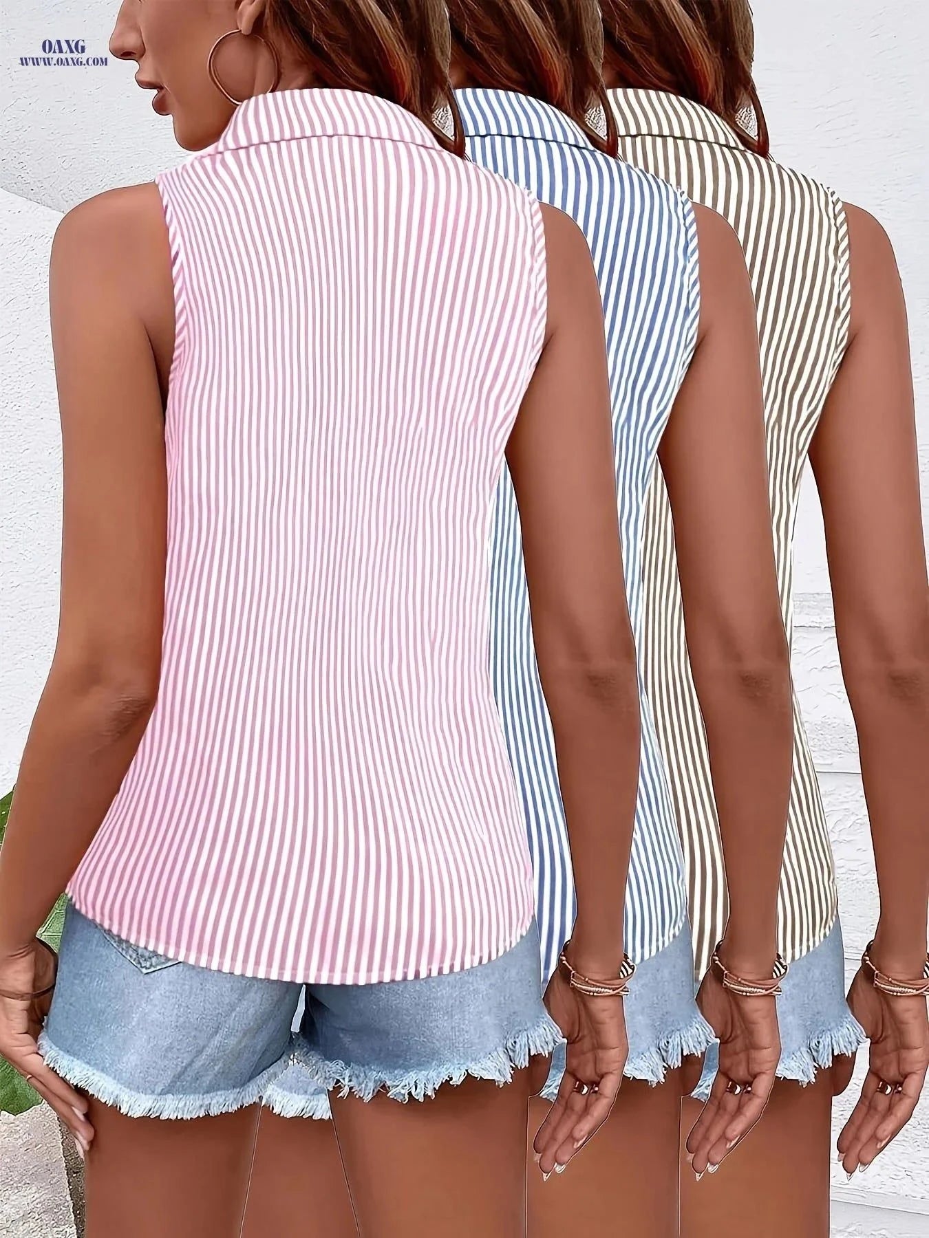 Women's Summer Casual Striped Shirt Set - 3pcs Loose Fit Sleeveless   OAXG Pink + Blue + Khaki / XS