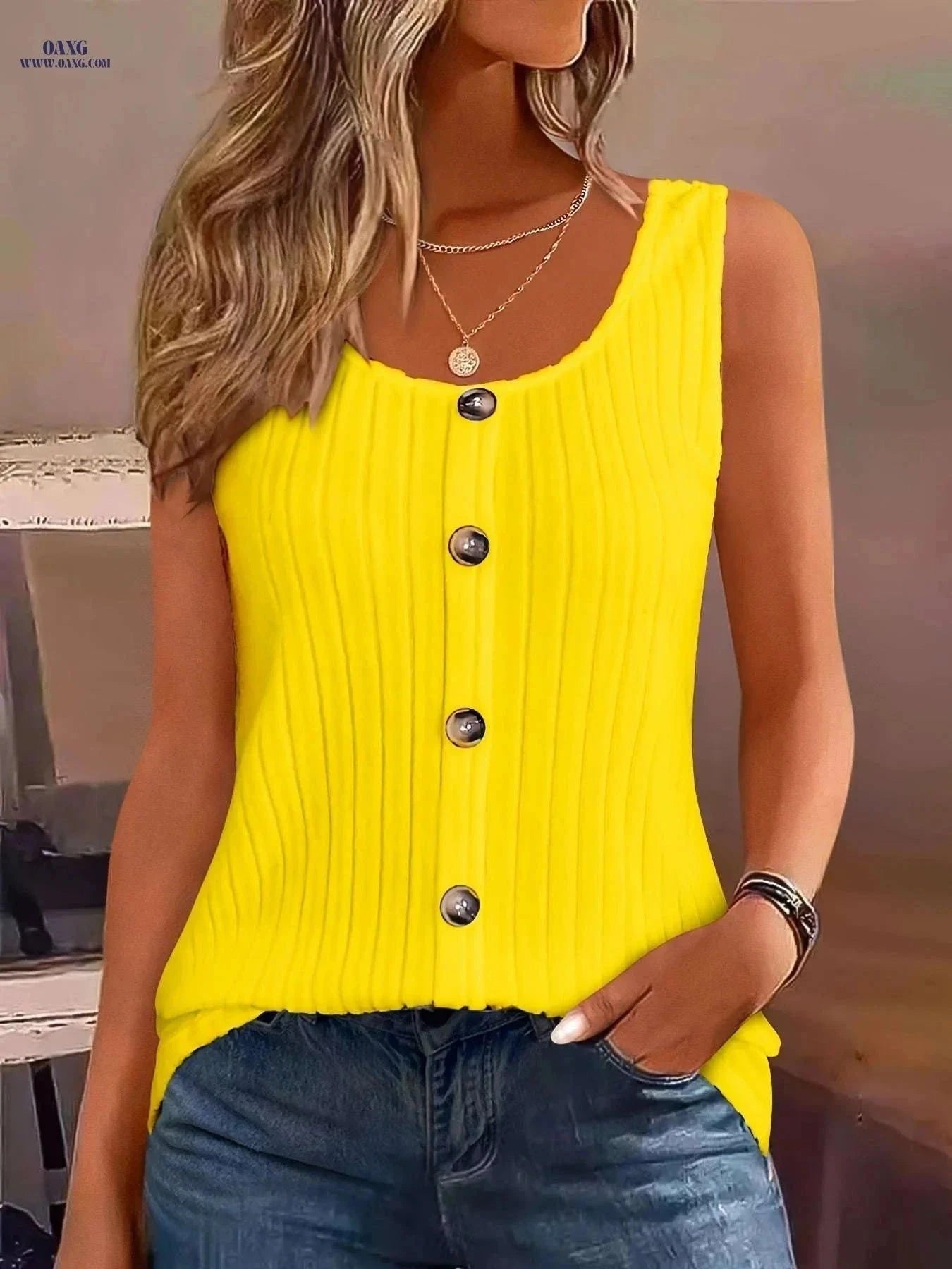 Women's Summer Casual Tank Top - Solid Color, Button Decor Style   OAXG White / S
