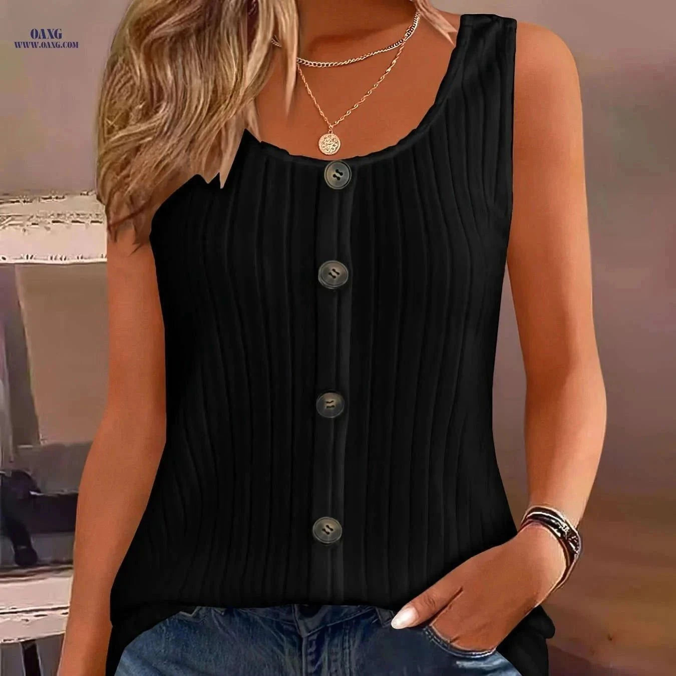 Women's Summer Casual Tank Top - Solid Color, Button Decor Style   OAXG White / S