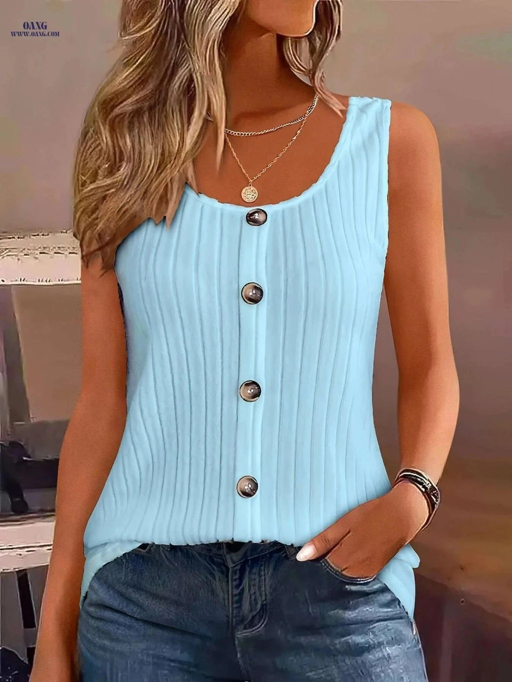 Women's Summer Casual Tank Top - Solid Color, Button Decor Style   OAXG White / S