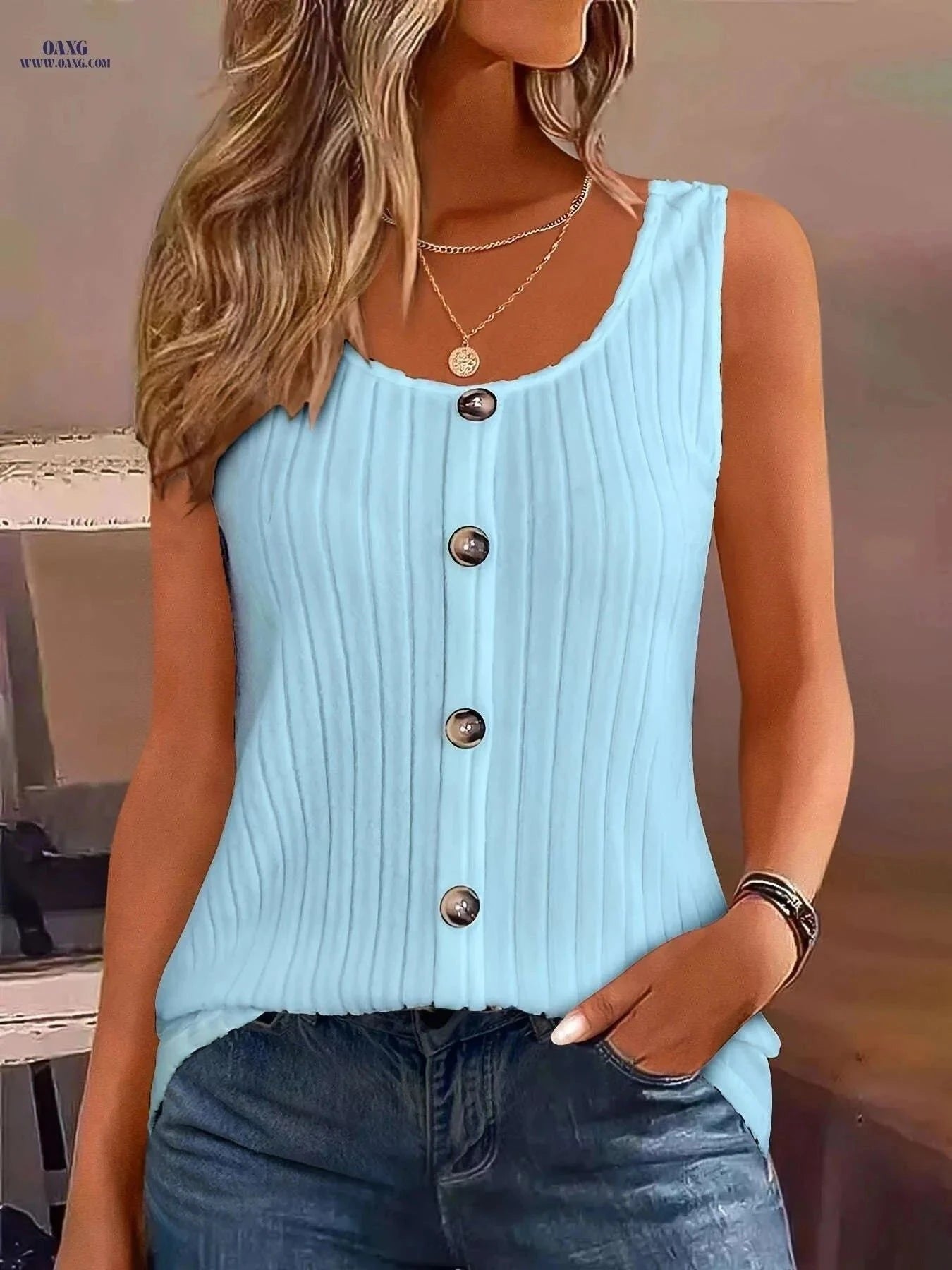 Women's Summer Casual Tank Top - Solid Color, Button Decor Style   OAXG White / S