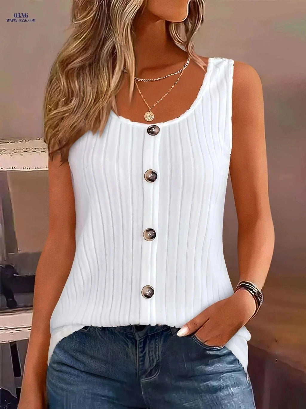 Women's Summer Casual Tank Top - Solid Color, Button Decor Style   OAXG White / S