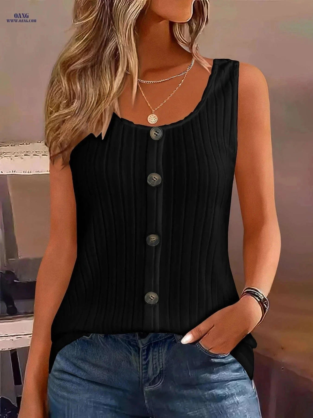 Women's Summer Casual Tank Top - Solid Color, Button Decor Style   OAXG White / S