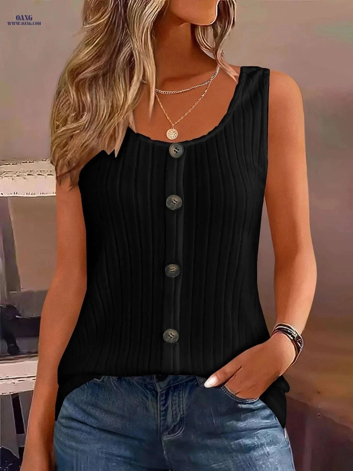 Women's Summer Casual Tank Top - Solid Color, Button Decor Style   OAXG White / S
