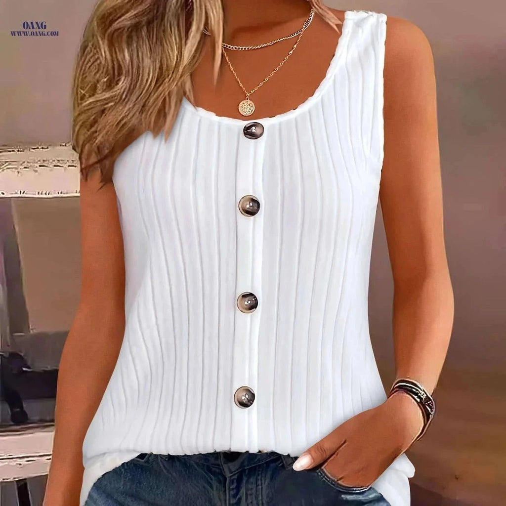 Women's Summer Casual Tank Top - Solid Color, Button Decor Style   OAXG White / S