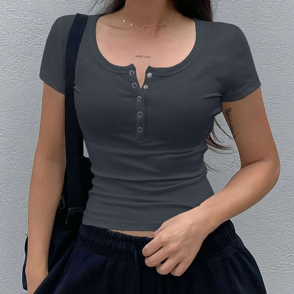 Women’s Summer Fitted T-Shirt - Elegant Solid Color, Short Sleeve   OAXG 
