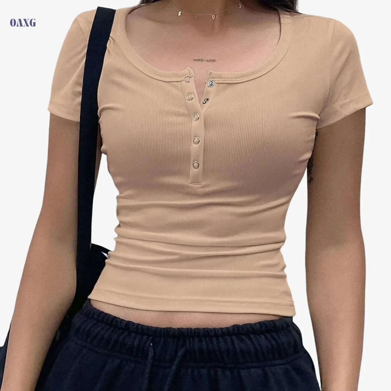Women’s Summer Fitted T-Shirt - Elegant Solid Color, Short Sleeve   OAXG 