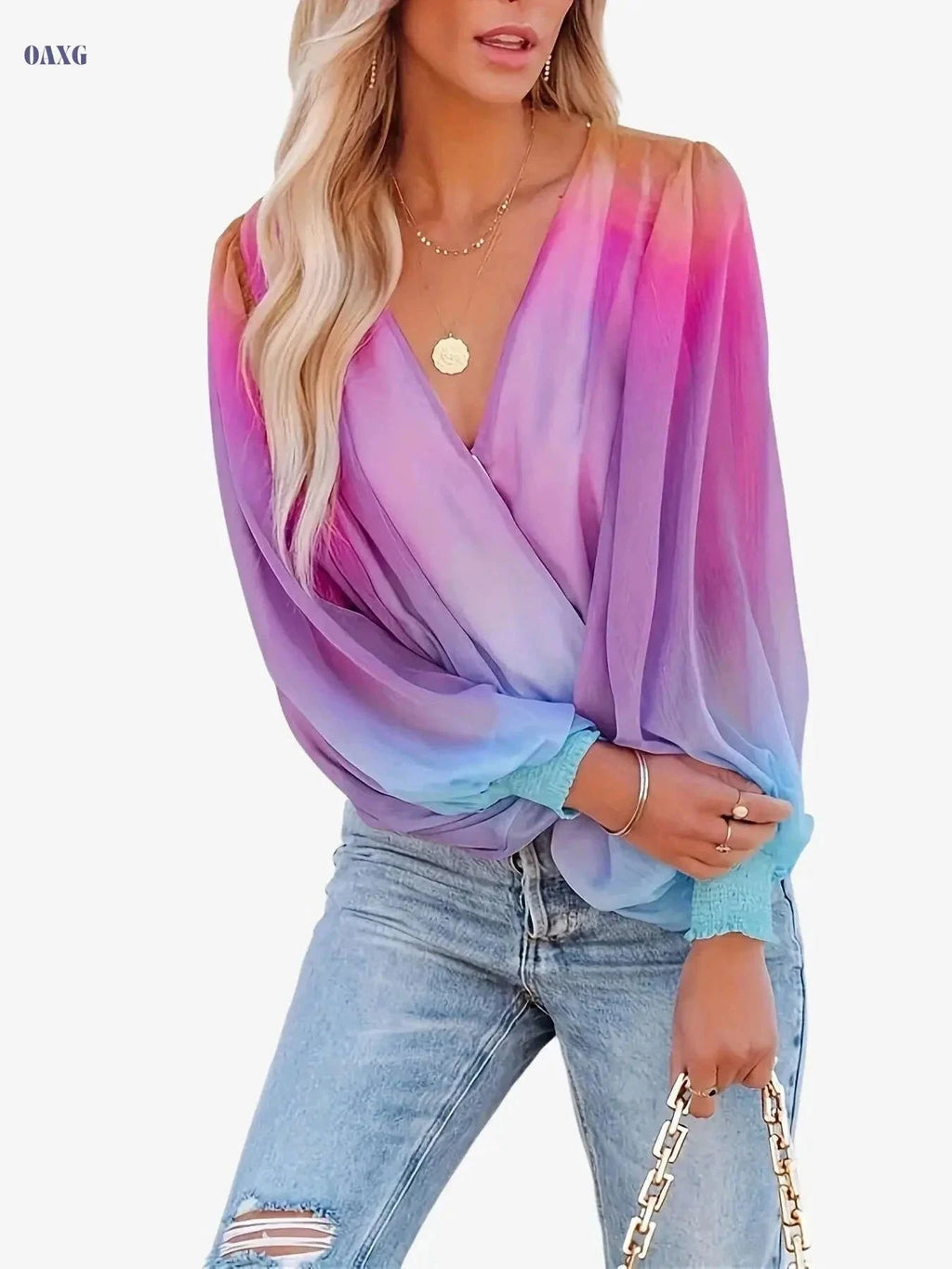 Women’s Summer Gradient Sheer Chiffon Pullover - V-Neck Style   OAXG Purple / S