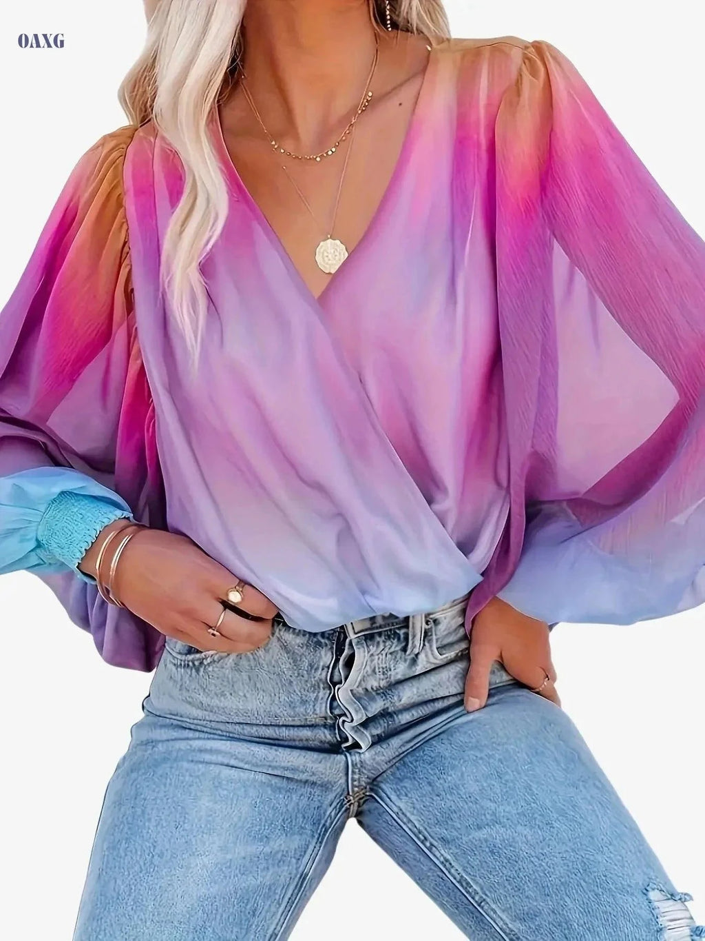 Women’s Summer Gradient Sheer Chiffon Pullover - V-Neck Style   OAXG Purple / S