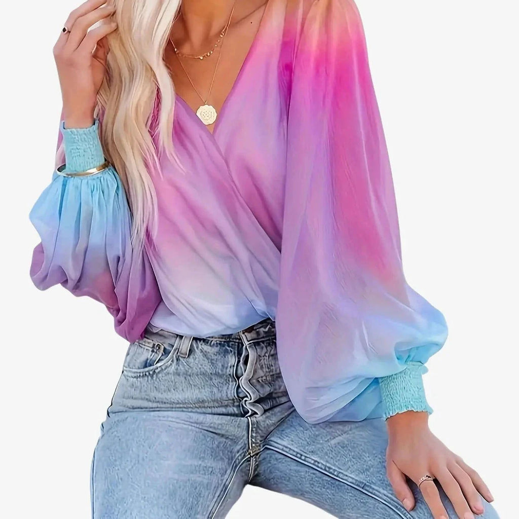 Women’s Summer Gradient Sheer Chiffon Pullover - V-Neck Style   OAXG Purple / S