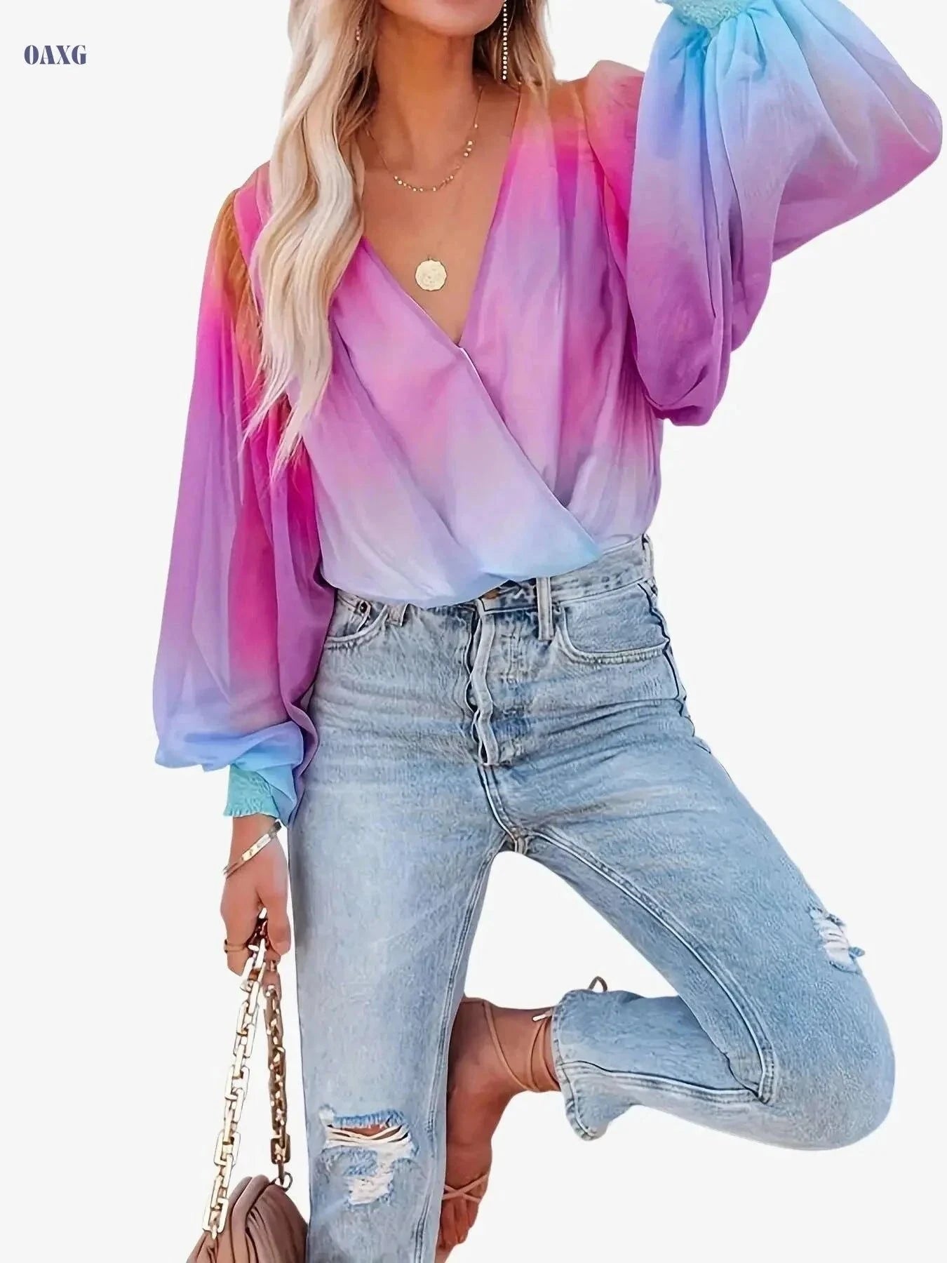 Women’s Summer Gradient Sheer Chiffon Pullover - V-Neck Style   OAXG Purple / S