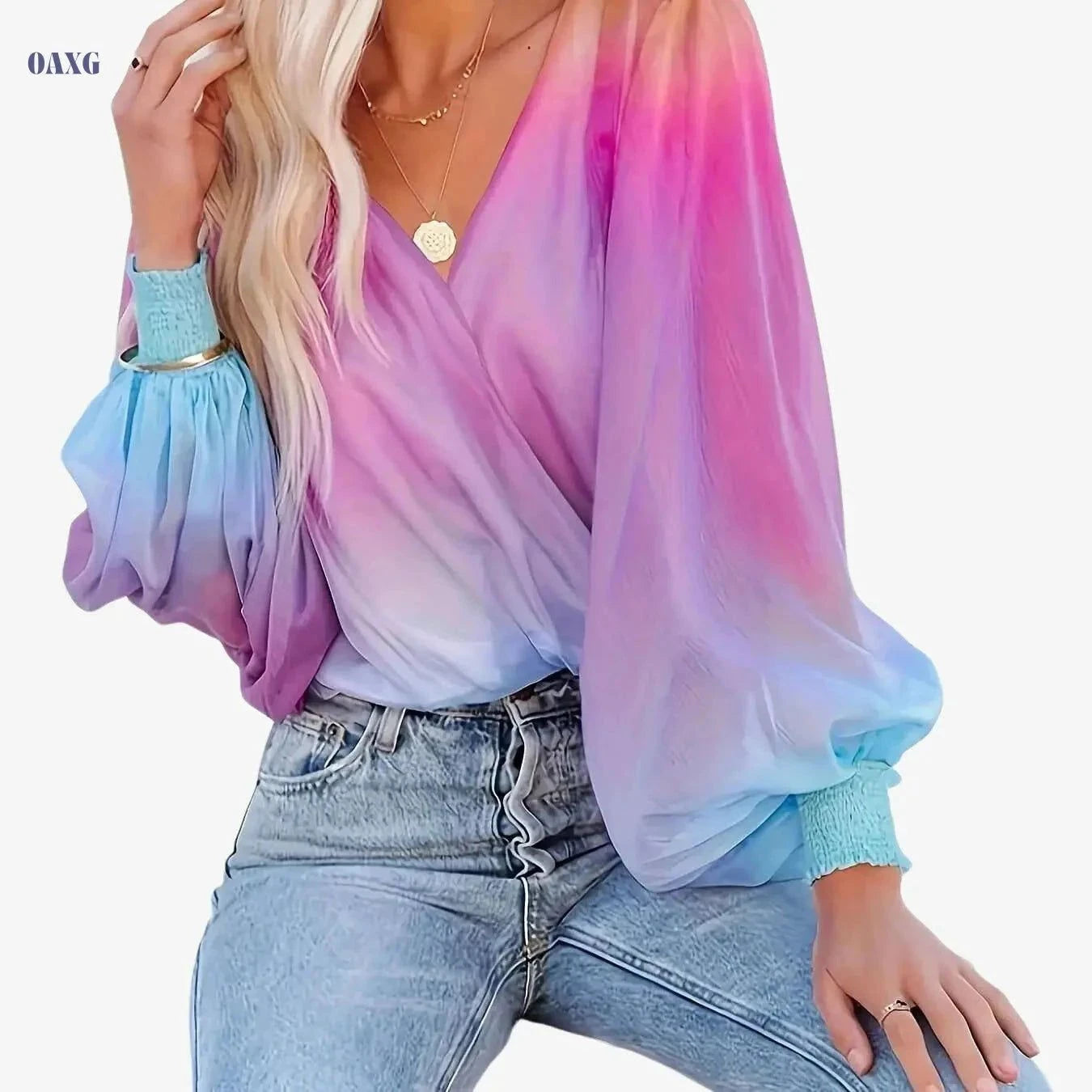 Women’s Summer Gradient Sheer Chiffon Pullover - V-Neck Style   OAXG Purple / S