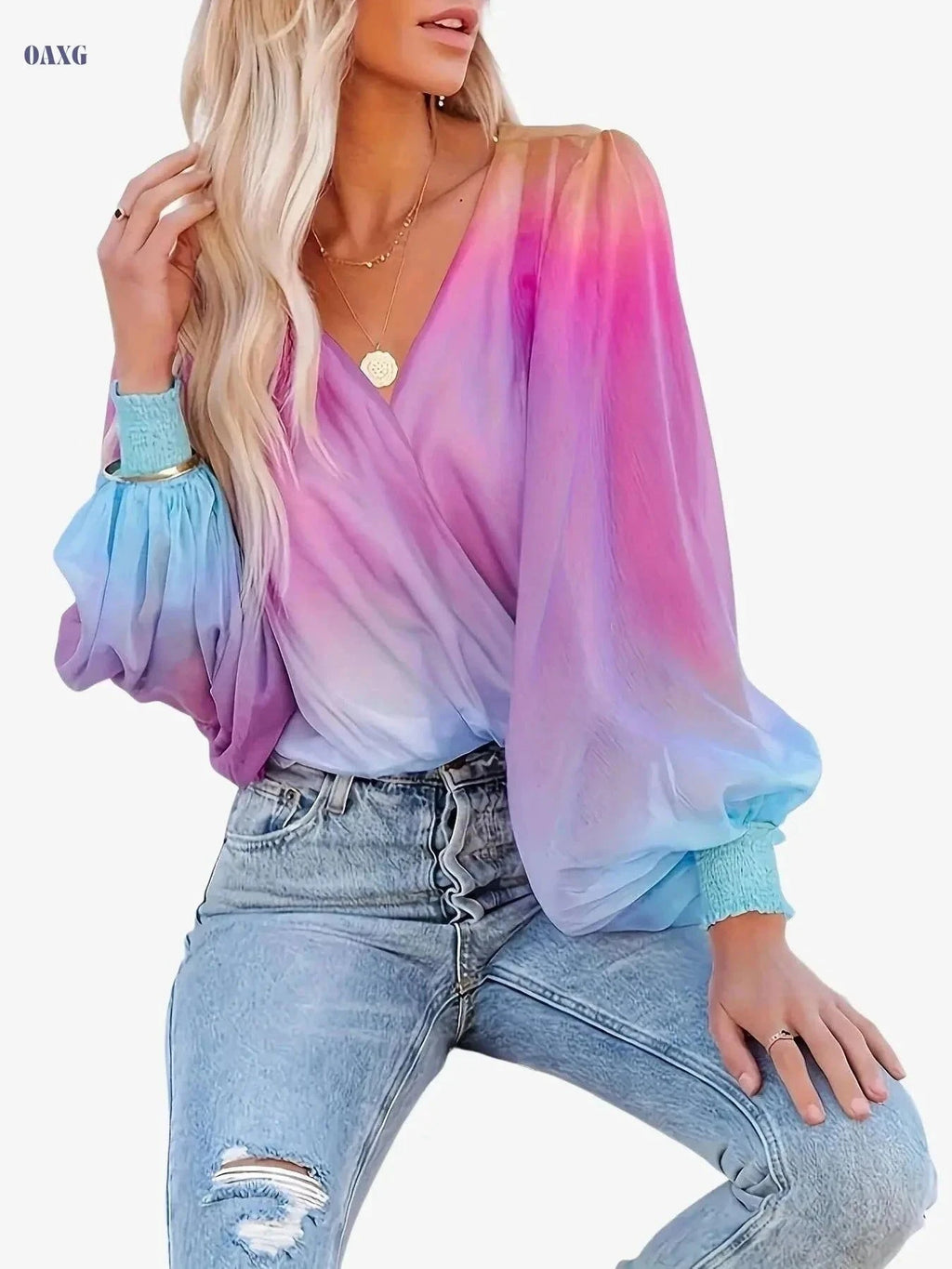 Women’s Summer Gradient Sheer Chiffon Pullover - V-Neck Style   OAXG Purple / S