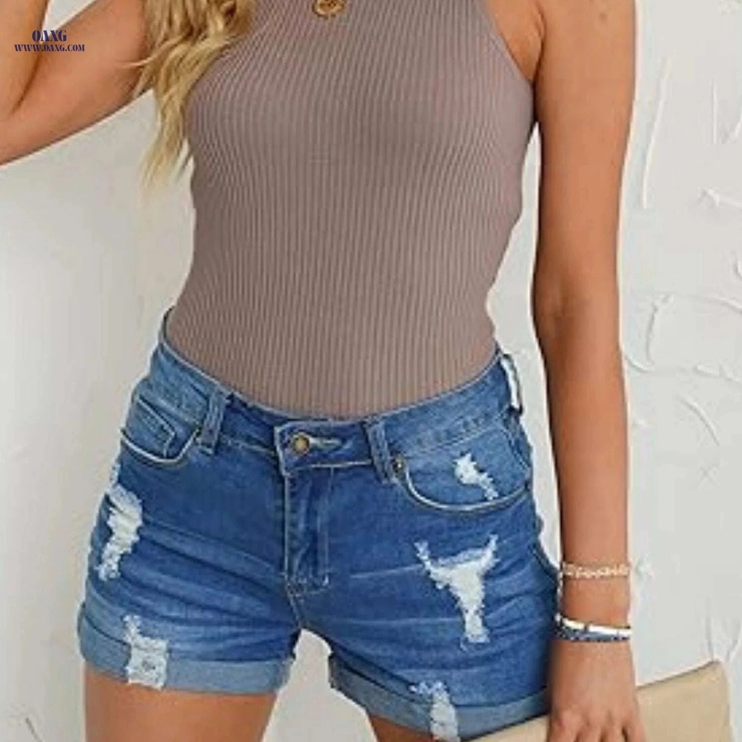 Women's Summer Ripped Denim Shorts - Mid Rise Streetwear Style   OAXG 