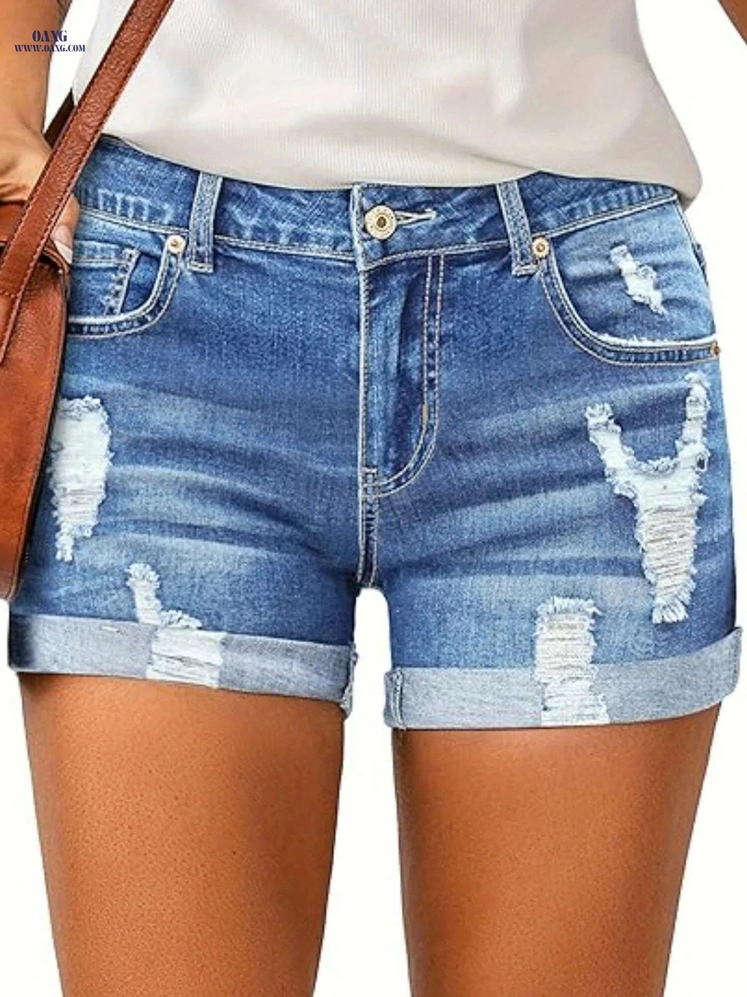 Women's Summer Ripped Denim Shorts - Mid Rise Streetwear Style   OAXG 
