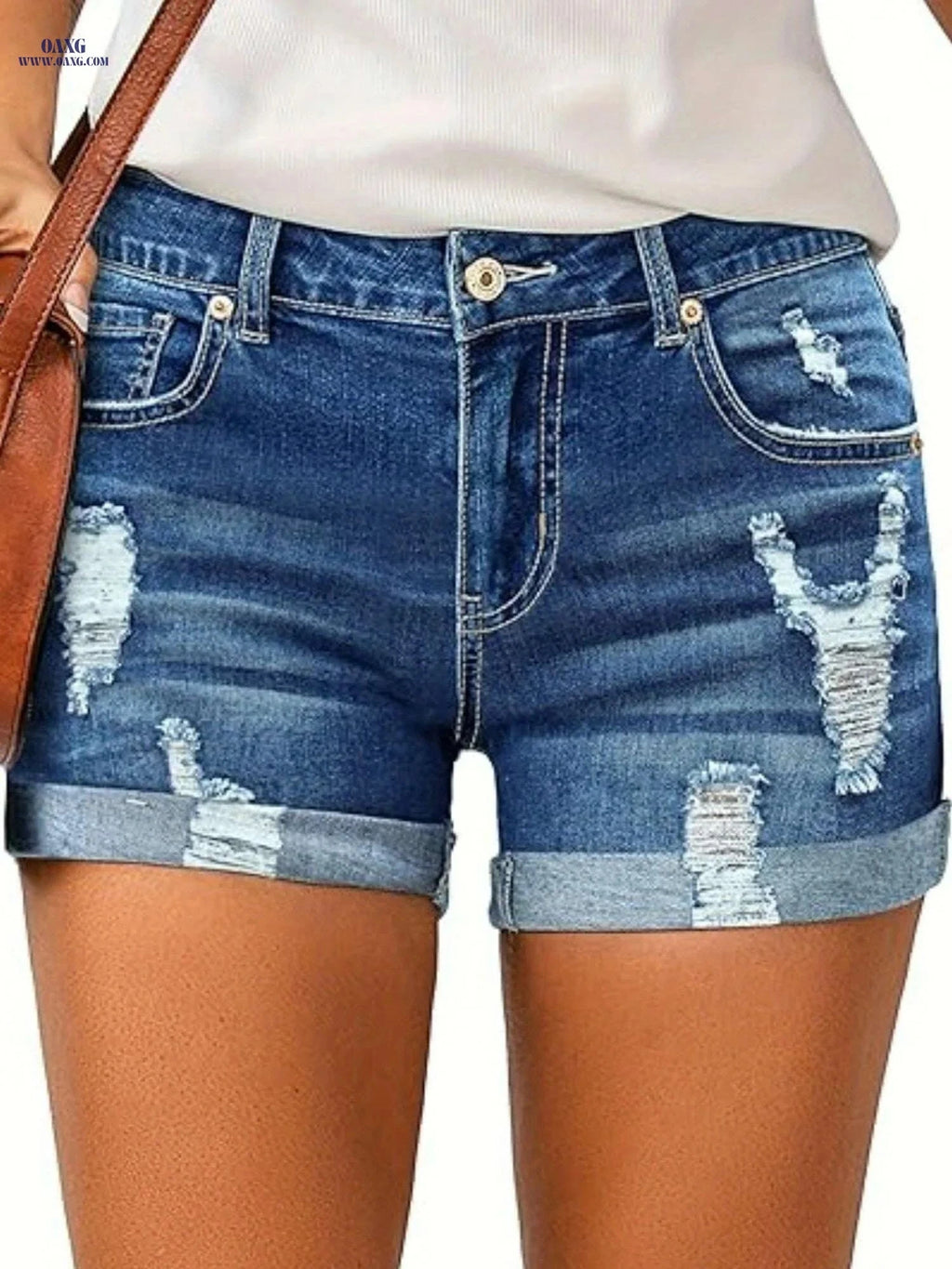 Women's Summer Ripped Denim Shorts - Mid Rise Streetwear Style   OAXG 
