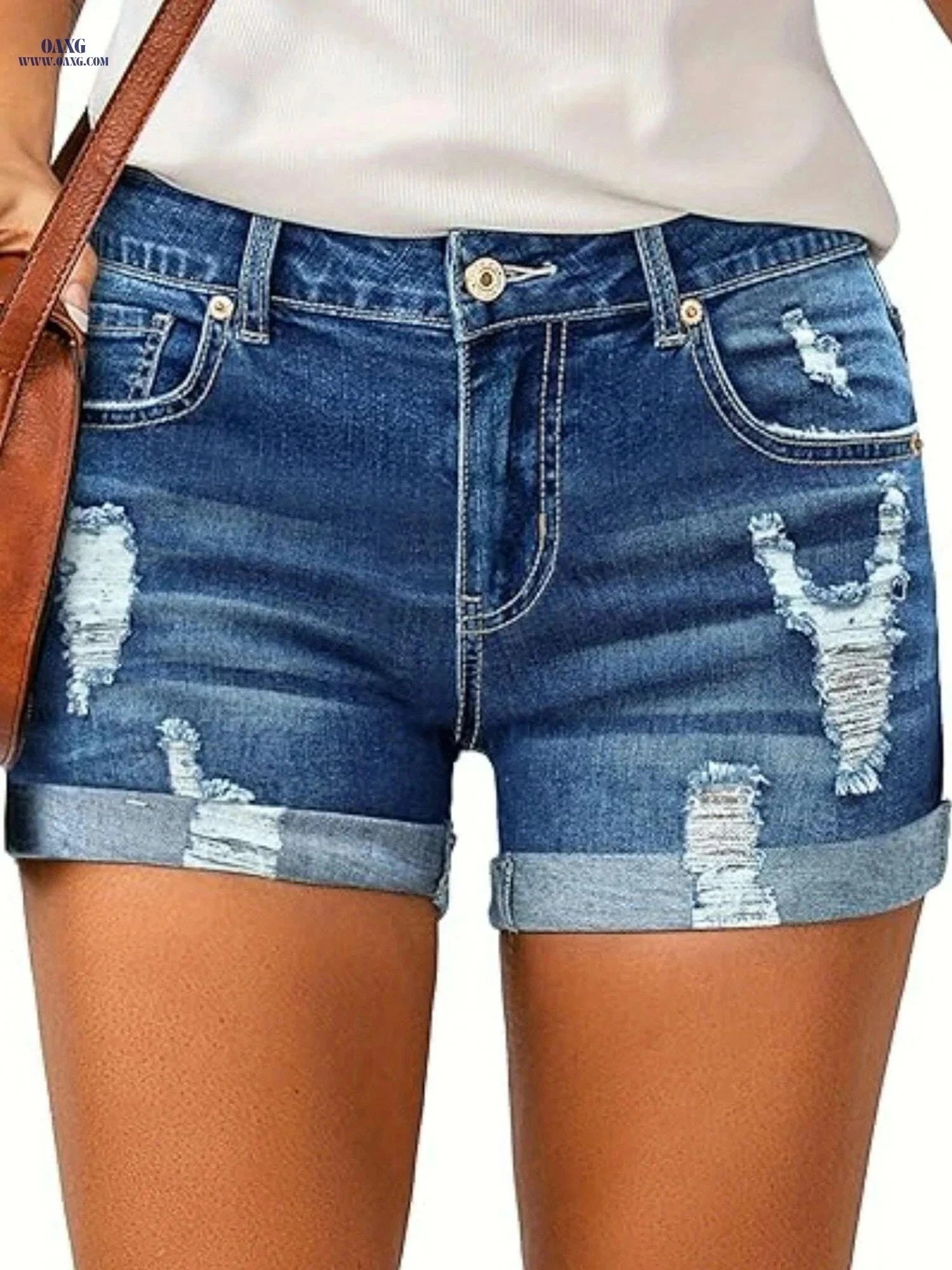Women's Summer Ripped Denim Shorts - Mid Rise Streetwear Style   OAXG Light Blue / S