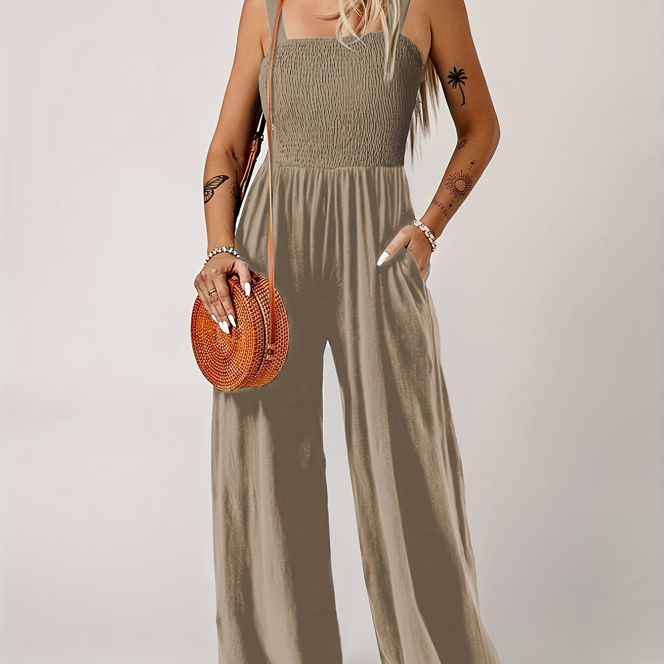 Women's Summer Solid Jumpsuit - Pockets, Thick Straps, Elegant Style   OAXG 