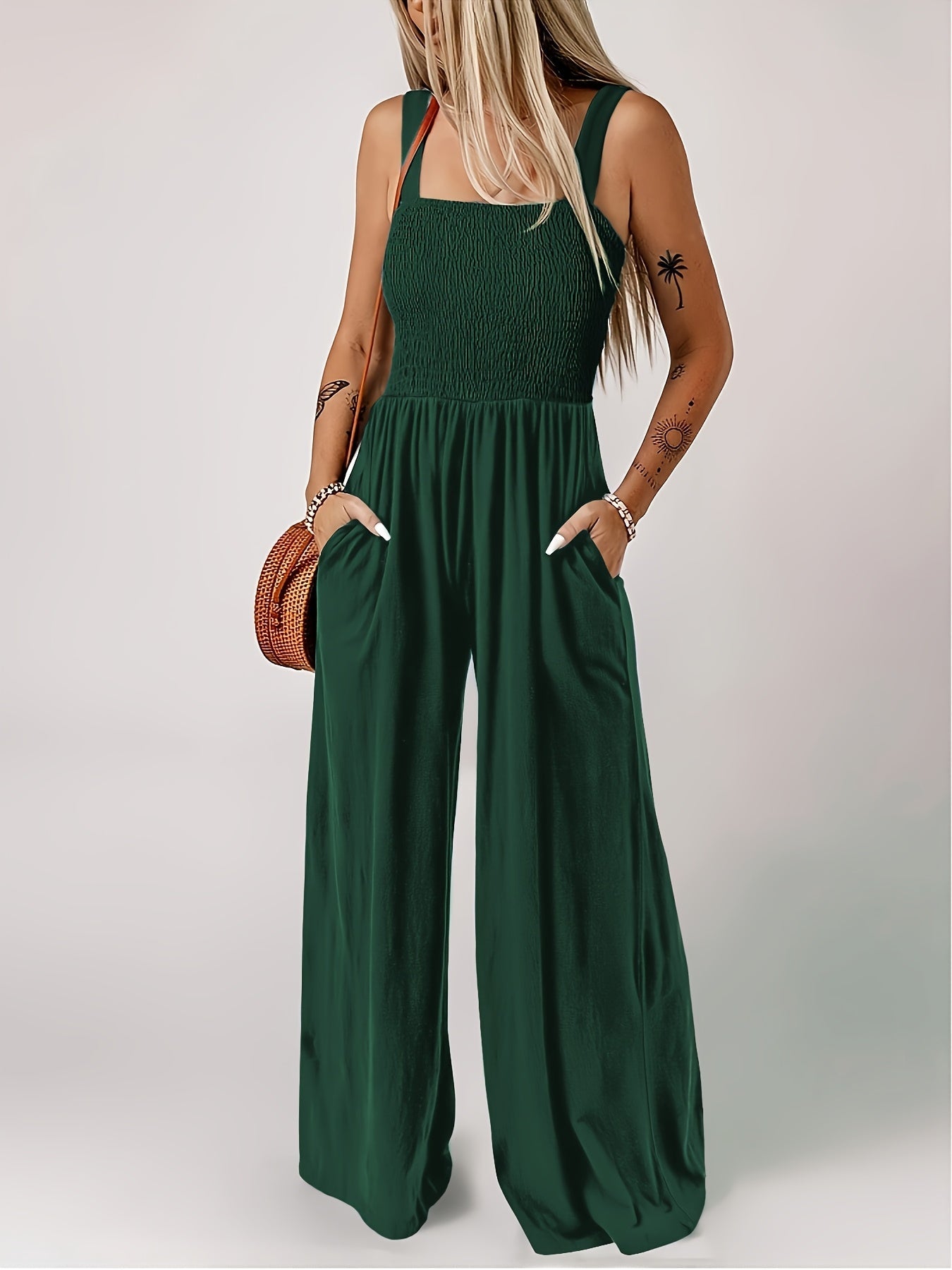 Women's Summer Solid Jumpsuit - Pockets, Thick Straps, Elegant Style   OAXG 