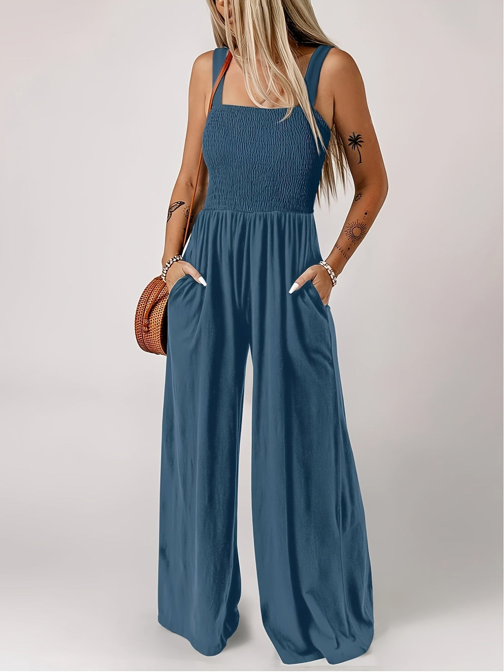 Women's Summer Solid Jumpsuit - Pockets, Thick Straps, Elegant Style   OAXG 