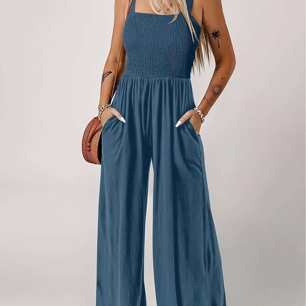 Women's Summer Solid Jumpsuit - Pockets, Thick Straps, Elegant Style   OAXG Peacock Blue / S