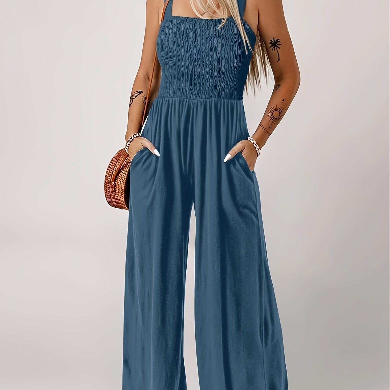 Women's Summer Solid Jumpsuit - Pockets, Thick Straps, Elegant Style   OAXG Peacock Blue / S