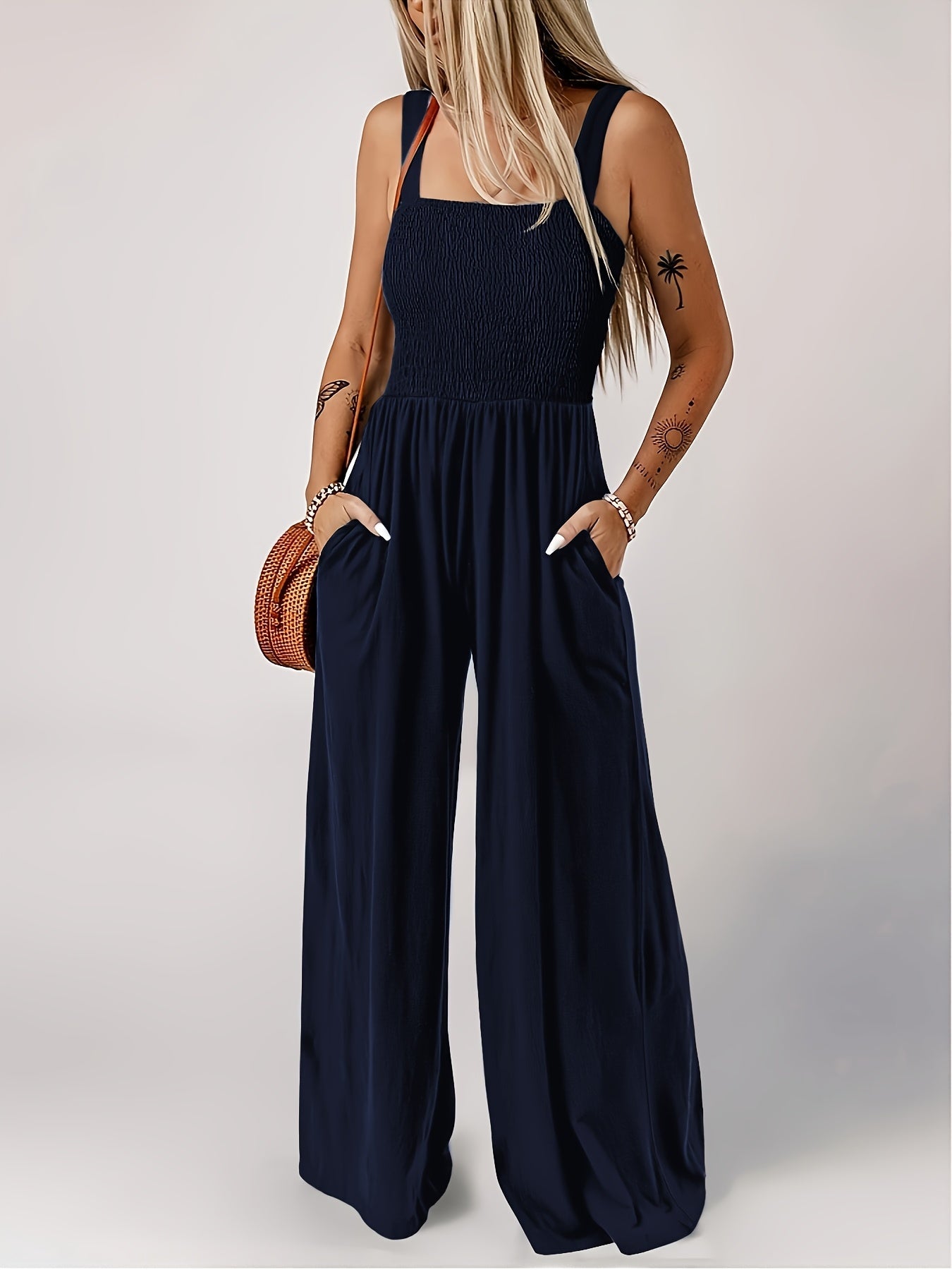 Women's Summer Solid Jumpsuit - Pockets, Thick Straps, Elegant Style   OAXG Peacock Blue / S