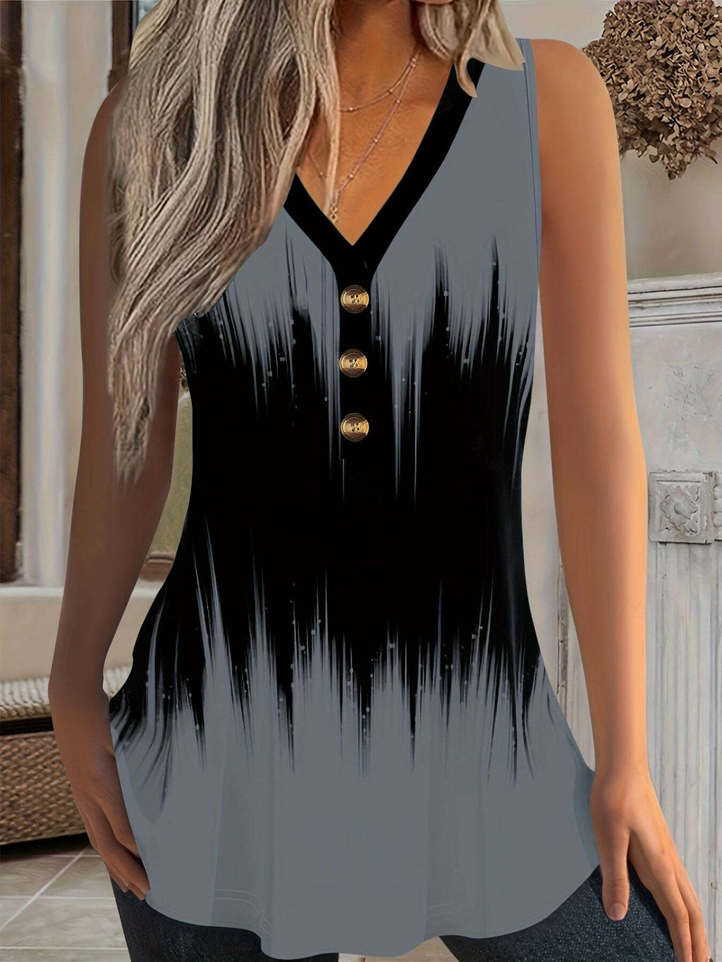 Women's Summer Tank Top - Gradient Print V-Neck Casual Shirt   OAXG 