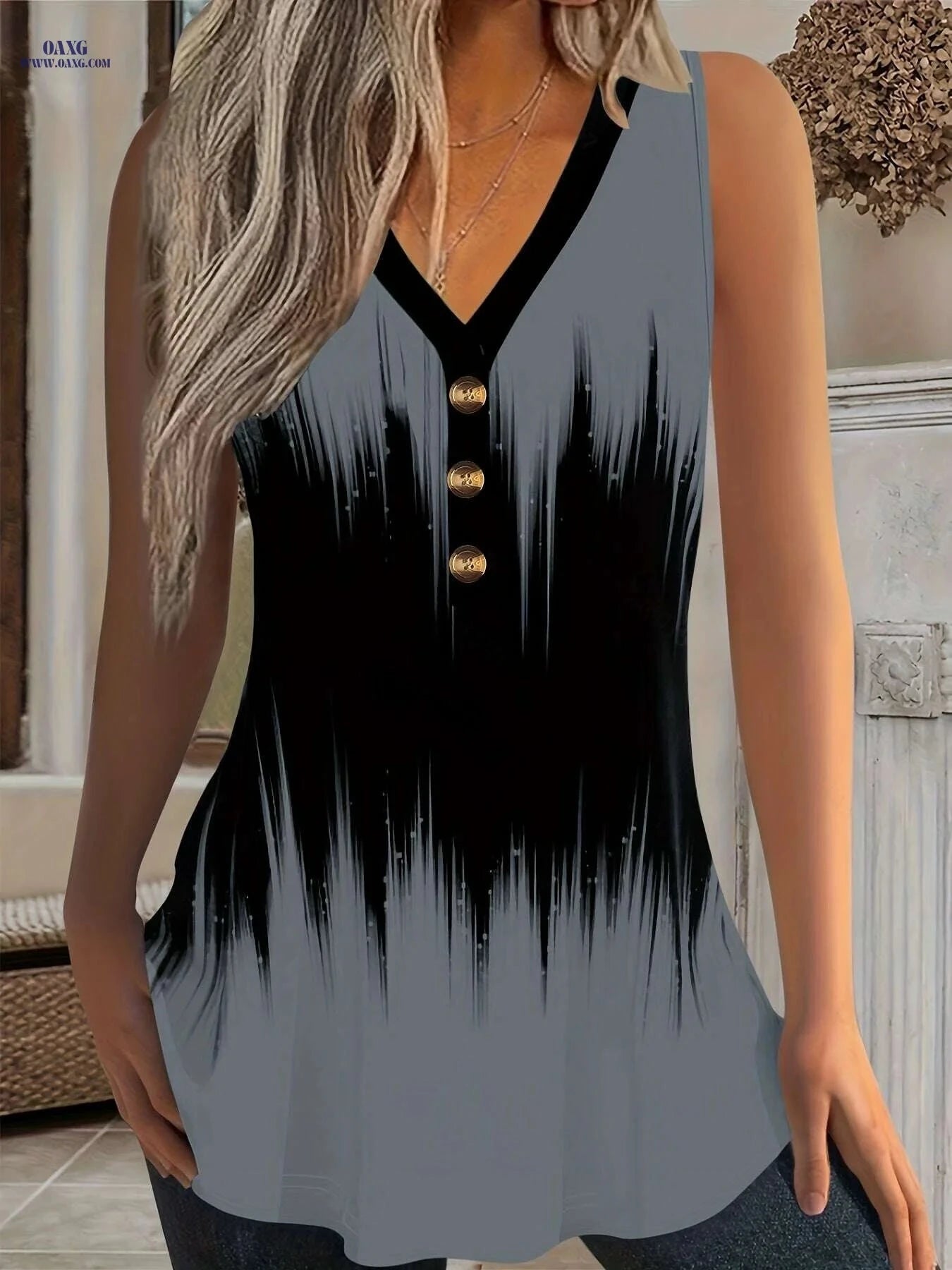 Women's Summer Tank Top - Gradient Print V-Neck Casual Shirt   OAXG 