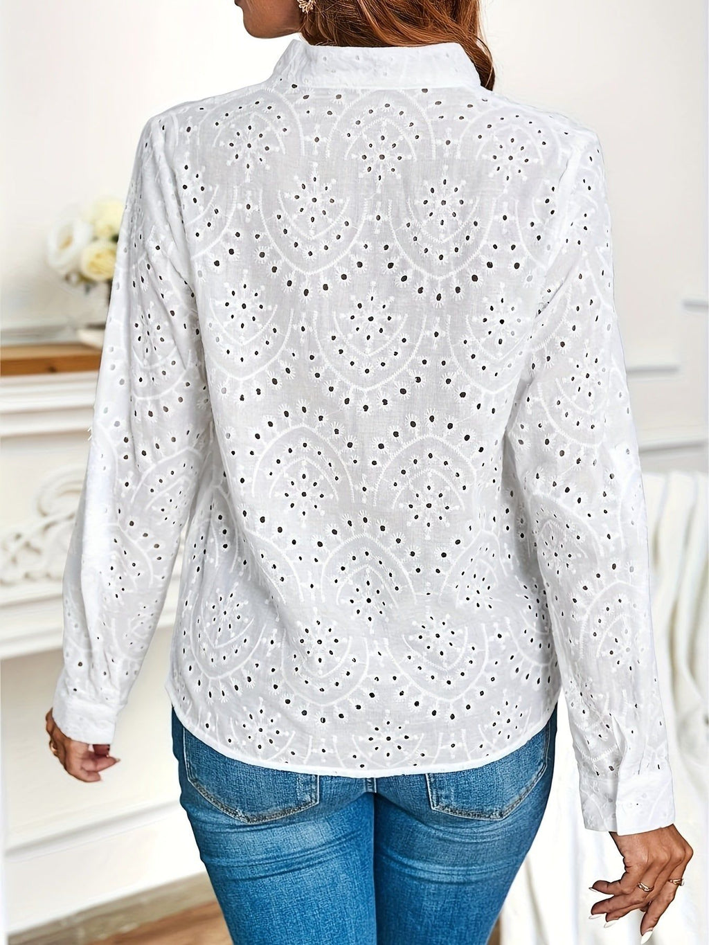 Women'S Summer V-Neck Long Sleeve Shirt, 100% Polyester Embroidered Button Front Casual Notched Neck Blouse, Woven Shirting for Adult   OAXG White / XS