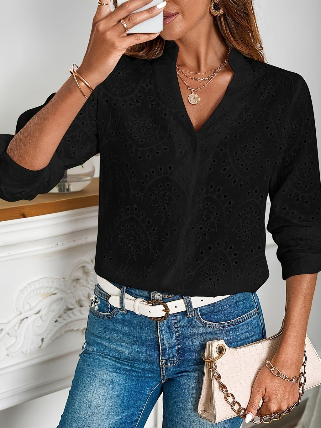 Women'S Summer V-Neck Long Sleeve Shirt, 100% Polyester Embroidered Button Front Casual Notched Neck Blouse, Woven Shirting for Adult   OAXG White / XS