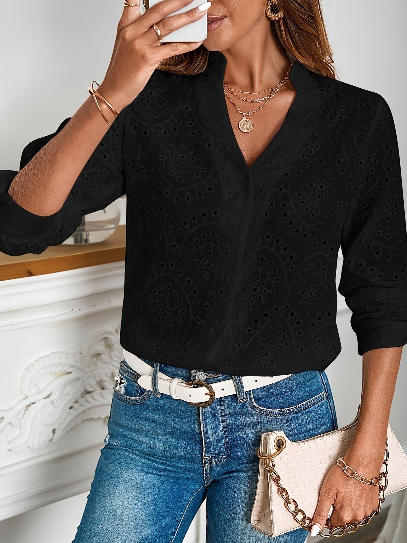 Women'S Summer V-Neck Long Sleeve Shirt, 100% Polyester Embroidered Button Front Casual Notched Neck Blouse, Woven Shirting for Adult   OAXG White / XS