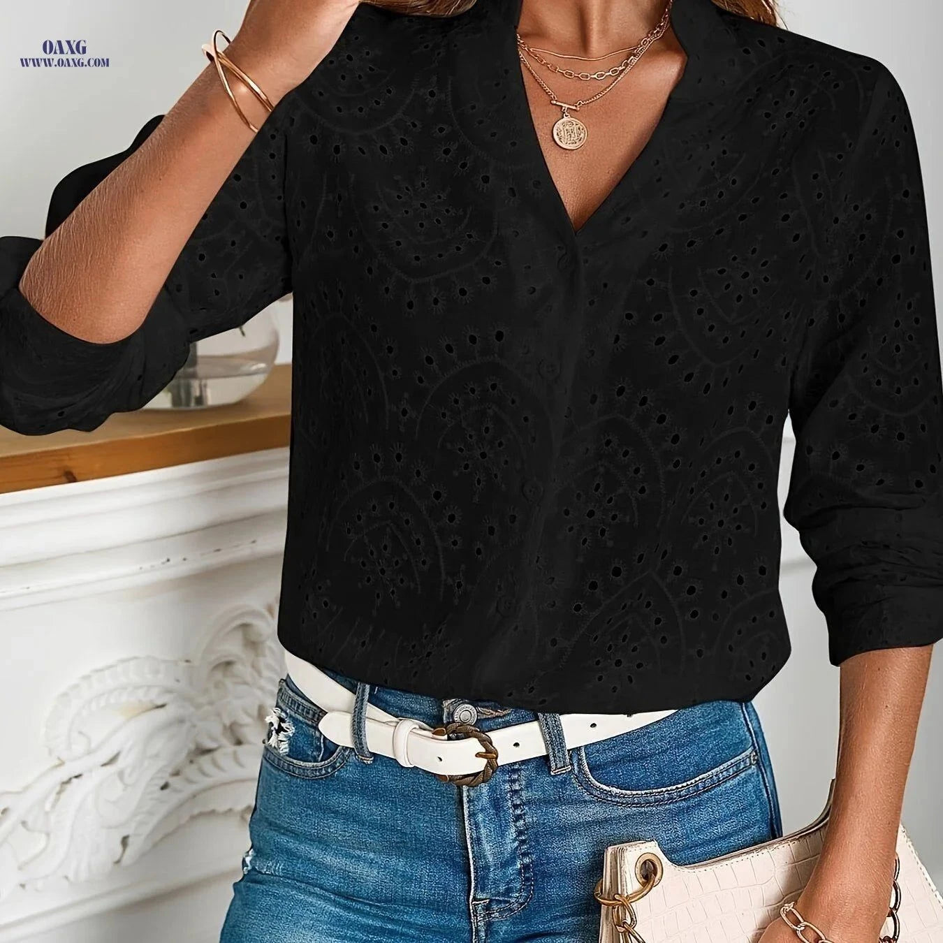 Women's Summer V-Neck Long Sleeve Shirt - Embroidered Casual Blouse   OAXG White / XS