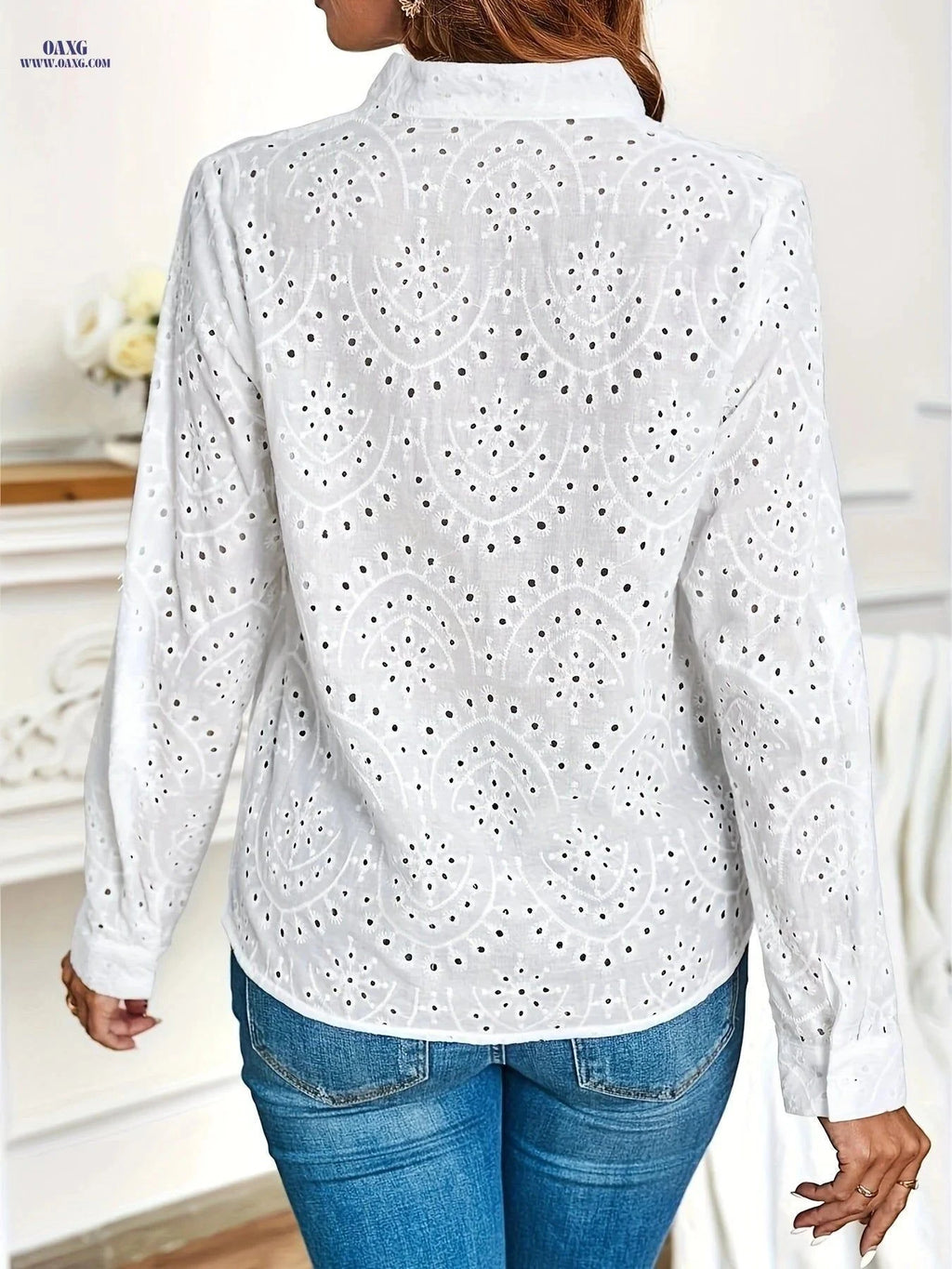 Women's Summer V-Neck Long Sleeve Shirt - Embroidered Casual Blouse   OAXG White / XS