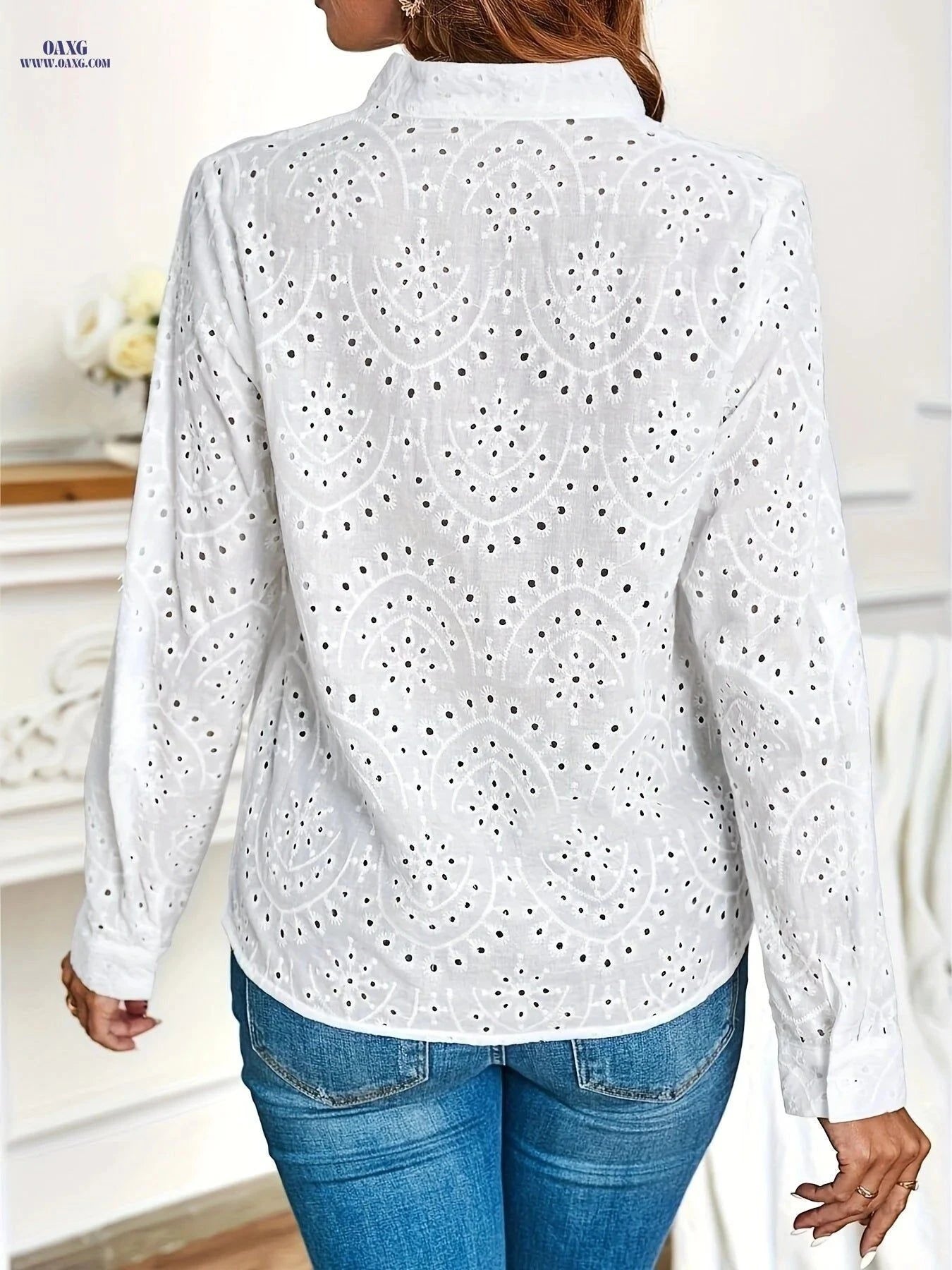 Women's Summer V-Neck Long Sleeve Shirt - Embroidered Casual Blouse   OAXG White / XS