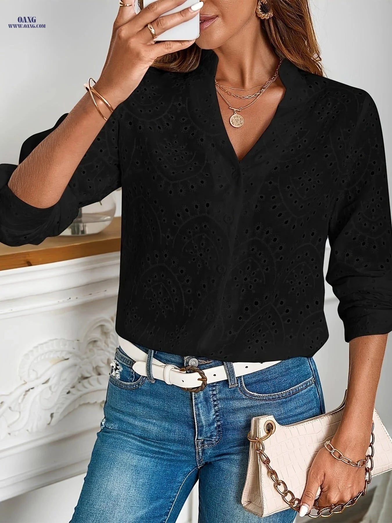 Women's Summer V-Neck Long Sleeve Shirt - Embroidered Casual Blouse   OAXG White / XS