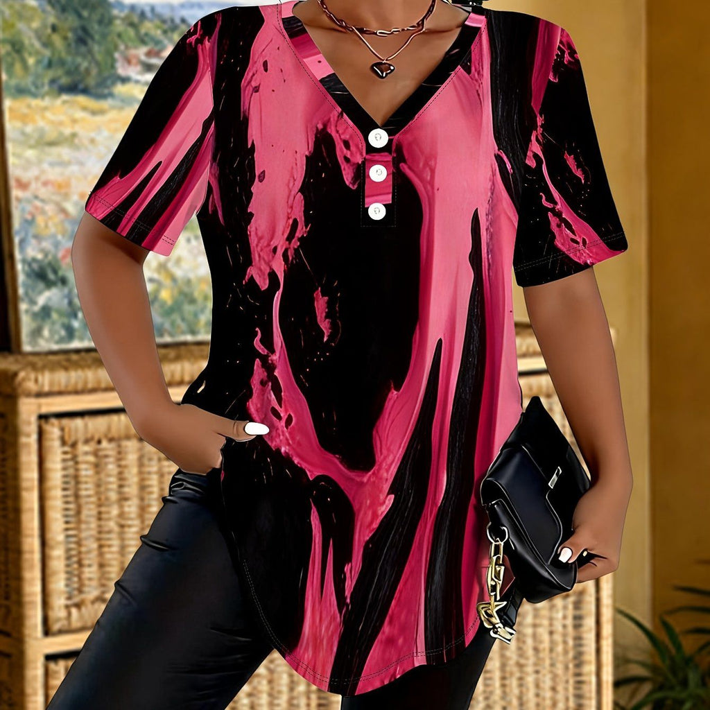 Women's Summer V-Neck Three-Button Short Sleeve Top with Black and Pink Ink Splatter Print, Unique and Cool Irregular Hem   OAXG Multicolor / S