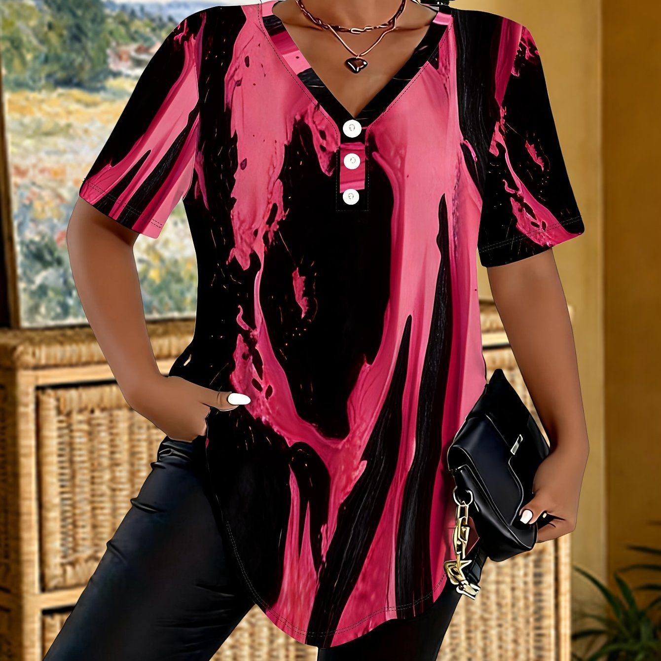 Women's Summer V-Neck Three-Button Short Sleeve Top with Black and Pink Ink Splatter Print, Unique and Cool Irregular Hem   OAXG Multicolor / S