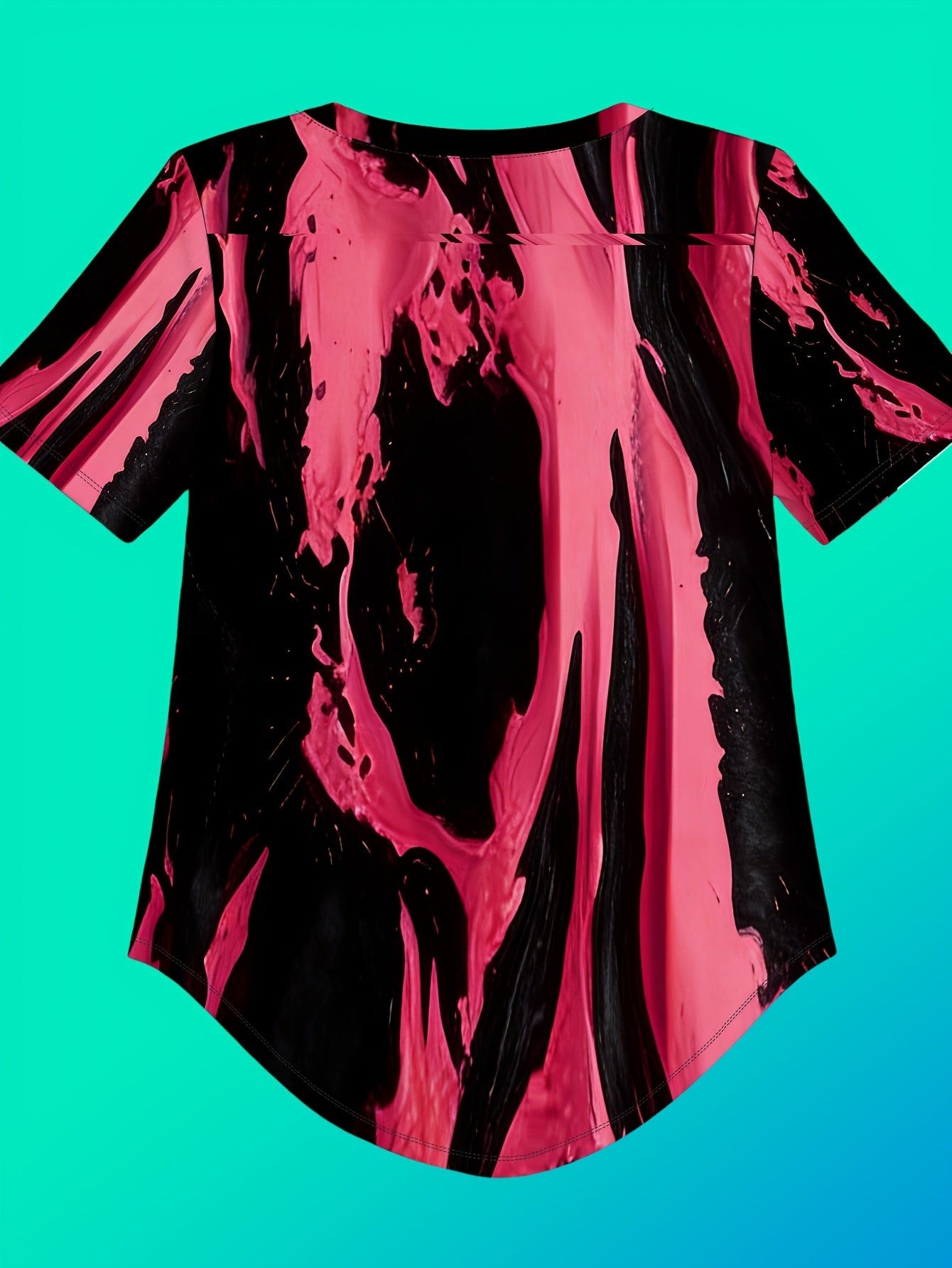 Women's Summer V-Neck Three-Button Short Sleeve Top with Black and Pink Ink Splatter Print, Unique and Cool Irregular Hem   OAXG Multicolor / S