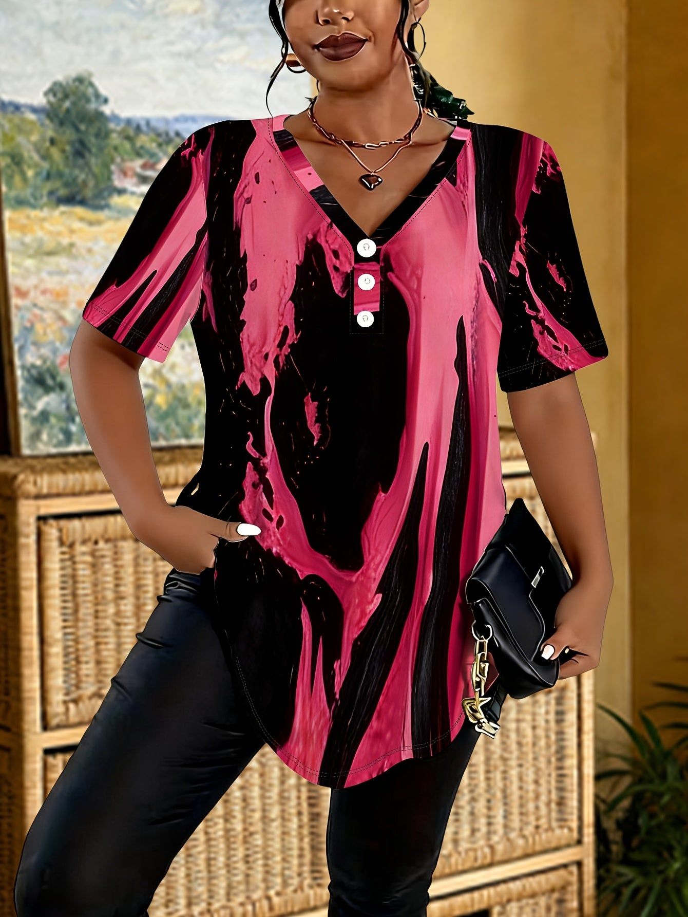 Women's Summer V-Neck Three-Button Short Sleeve Top with Black and Pink Ink Splatter Print, Unique and Cool Irregular Hem   OAXG Multicolor / S